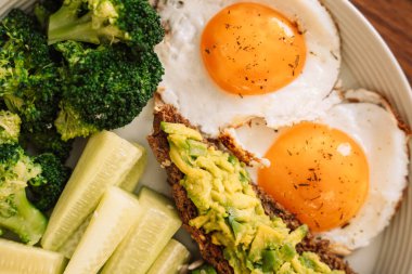 Sağlıklı kahvaltı yumurtası avokado yeşillikleri, salata ve ahududu çayı..