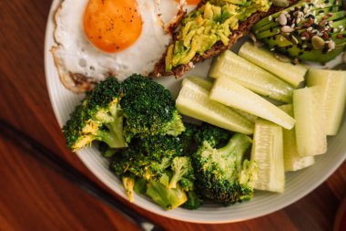 Sağlıklı kahvaltı yumurtası avokado yeşillikleri, salata ve ahududu çayı..