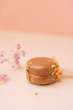 Çikolatalı Fransız tatlıları. Pembe arka planda pasta kurabiyeleri, pastel renkler, farklı fındık ve kalplerle süslenmiş badem kurabiyesi, dikey fotoğraf..