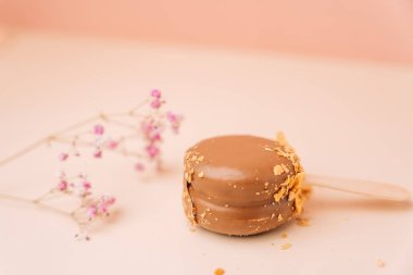 Çikolatalı Fransız tatlıları. Begie arka planında pasta kurabiyesi, pastel renkler, farklı fındıklarla süslenmiş badem kurabiyesi..