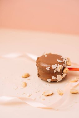 Çikolatalı Fransız tatlıları. Begie arka planında pasta kurabiyesi, pastel renkler, farklı fındıklarla süslenmiş badem kurabiyesi..
