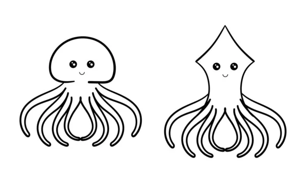 Hand Drawn Jellyfish Squid Cheerful Face — Stock Vector