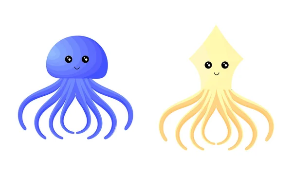 Illustration Jellyfish Squid Cheerful Face — Stock Vector