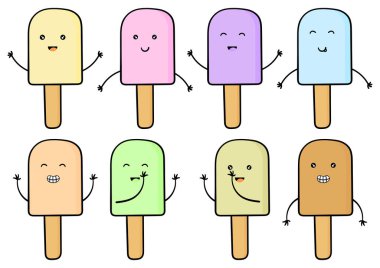 Beyaz arkaplanda renkli bir dondurma koleksiyonu