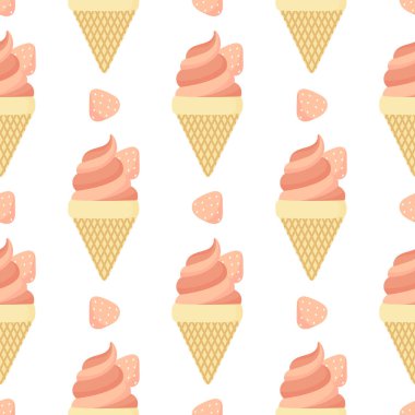 Beyaz arka planda dikişsiz çilekli dondurma deseni