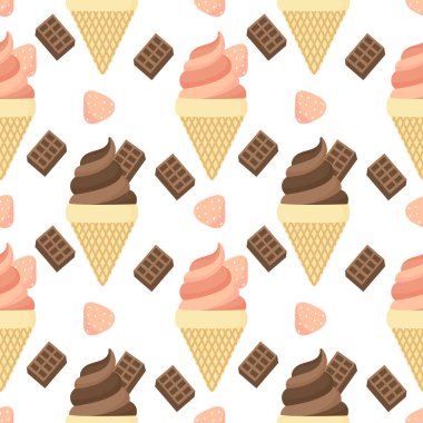 Beyaz arka planda kusursuz çikolata ve çilekli dondurma deseni.