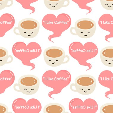 İçi dumanla dolu gülen yüzlü iki kahve fincanının kusursuz çizimi bir kalp oluşturuyor.