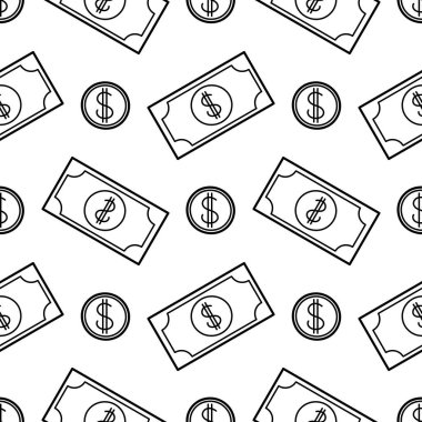 Merkezinde bir dolar işareti olan banknotların ve paraların kusursuz desenleri beyaz arka planda çizilmiş.
