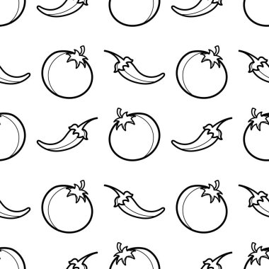 seamless pattern of hand drawn tomatoes and chilies on a white background