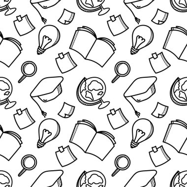 Seamless pattern of hand drawn school supplies with a back to school theme