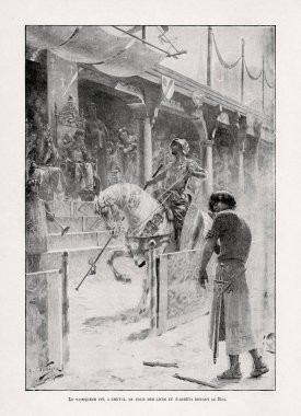 1899 'da A. Castaigne tarafından yapılan bir at biniciliği turnuvasının şövalyesi olarak resmedilmiş..