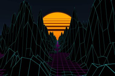 Retro tarzı 3D dağ ızgarası ve 80 'lerden günbatımı.