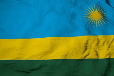 Full frame close-up on a waving flag of Rwanda in 3D rendering.