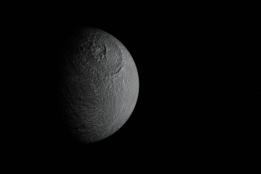 Digitally generated photograph of Tethys, one of the moon of Saturn.