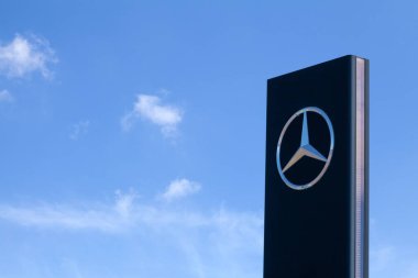 Saint-Martin-des-Champs, France - August, 24 2022: Sign of Mercedes-Benz, a German luxury and commercial vehicle automotive brand established in 1926.