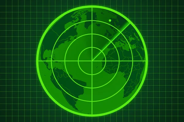 Green radar screen with dot on the world map on green grid background.