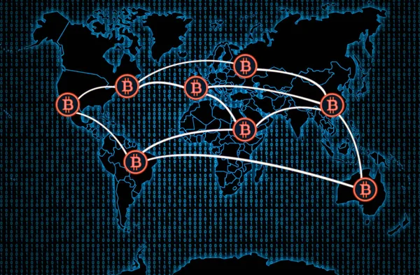 International bitcoin transactions on a dark world map background.