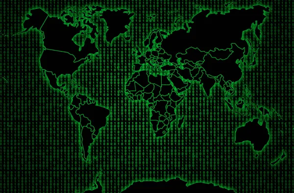 Black world map against a green binary code background.