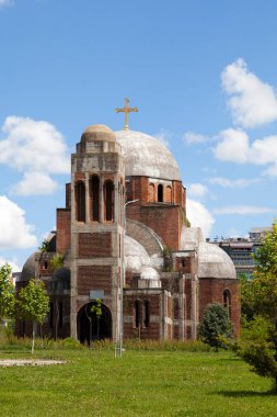 Pristina, Kosovo - May 22 2019: The Cathedral church of Christ the Saviour is an unfinished Serbian Orthodox Christian church whose construction began in 1992. Due to have been completed in 1999, its construction, on the campus of the pre-war Univers