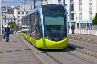 Brest, France - July 24 2017: Tramway crossing the Penfeld river on the Pont de Recouvrance in Brest.