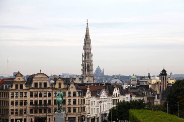 Brussels, Belgium - August 26 2017: View of Brussels from the Mont des Arts with the equestrian statue of King Albert I in the foreground, the Sainte Marie-Madeleine Church, the Brussels City Hall and the National Basilica of the Sacred Heart.
