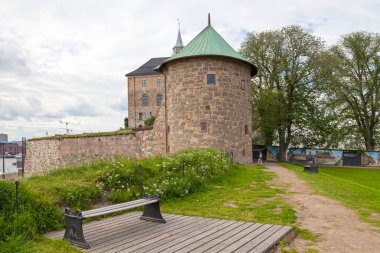 Oslo, Norway - June 26 2019: Akershus Fortress (Norwegian: Akershus Festning) or Akershus Castle (Norwegian: Akershus slott) is a medieval castle that was built to protect and provide a royal residence for Oslo, the capital of Norway.