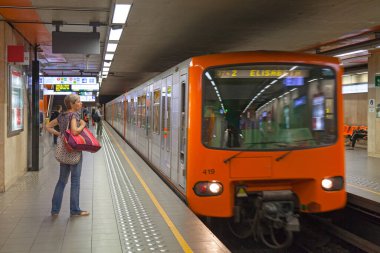 Brussels, Belgium - July 02 2019: Subway train of the Line 2 arriving to the station.