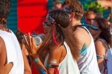 Saint-Gilles les bains, La Reunion - June 25 2017: Musician playing with a couple of Ganz during the carnival of the Grand Boucan.