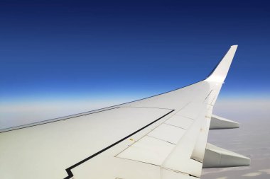 Close-up on a commercial airplane wing in flight.