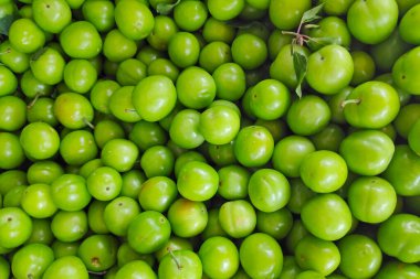 Close-up on a stack of sour green plums on a market stall.
