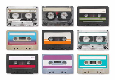 9 audio cassettes isolated on white background.