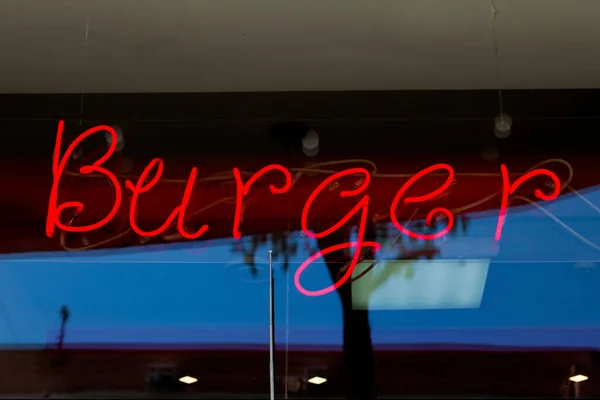 Close Red Neon Light Shaped Word Burger — Stockfoto