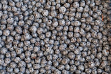 Close-up on a stack of bilberries for sale on a market stall.
