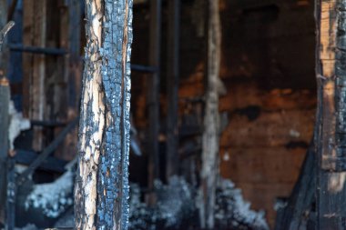 Close-up on a wooden house burnt to the ground by a pyromaniac.