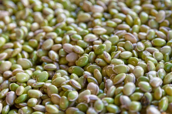 Full frame close-up on a stack of mung beans on a market stall.