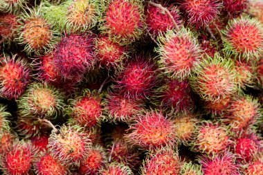 Stack of rambutan for sale on a market stall.