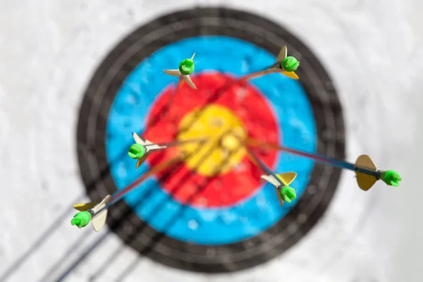 One out of six arrows in the bull\'s-eye of an archery target. Selective focus with the focus being on the back end of the arrow, with an out of focus target.