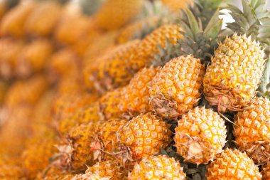 Close-up on a stack of pineapples for sale on a market stall in Reunion Island.