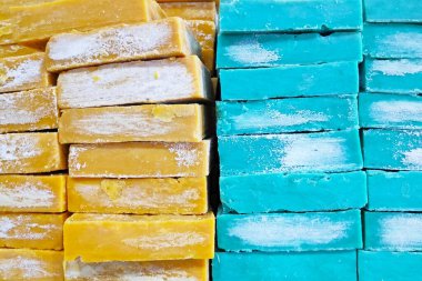 Close-up on a stack of Turkish soaps for sale.