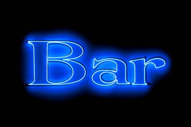 Close-up on a blue neon light shaped into the word - Bar -.