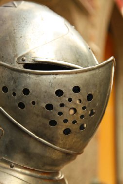 Close-up on an armet, a type of combat helmet which was developed in the 15th century.