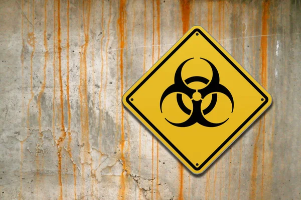 Diamond-shaped sign with yellow background and black border with a biohazard sign drawn in the middle.