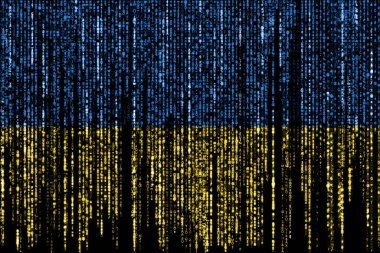 Flag of Ukraine on a computer binary codes falling from the top and fading away.