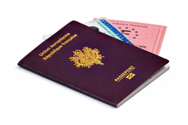 工作室拍摄的一套法国身份证件 从头到尾都有生物鉴别护照 身份证和驾驶执照 — 图库照片