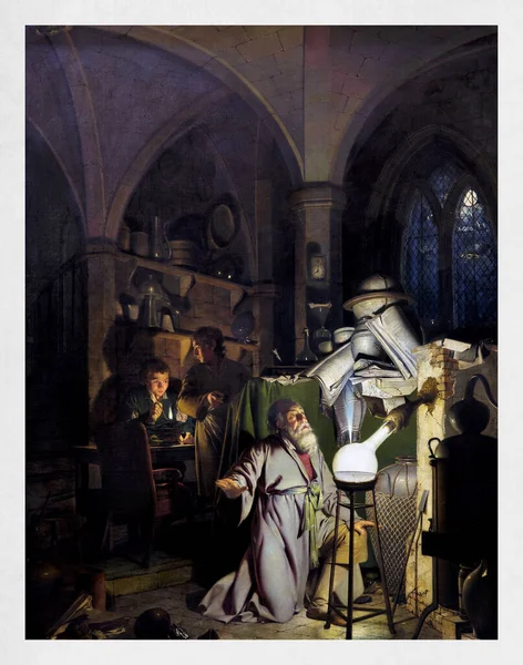 錬金術師は 哲学者の石を求めて ダービー1771年のジョセフ ライトによって描かれた — ストック写真