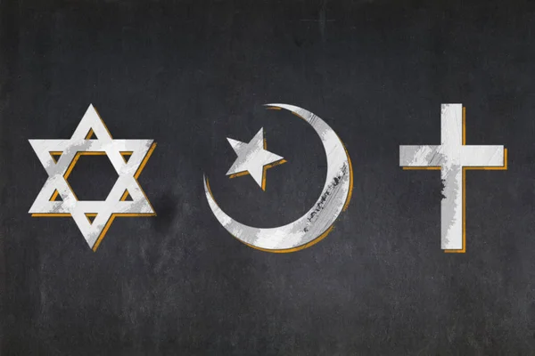Blackboard Med Symbolerna För Tre Abrahamiska Religionerna Davids Judiska Stjärna — Stockfoto