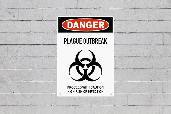 警示牌钉在煤渣墙上 警告人们注意健康危害 在小组的中间 有一个生物危害标志 其信息是 瘟疫爆发 小心行事 感染的风险很高 — 图库照片