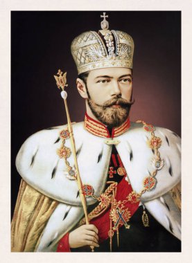 Rusya Kralı II. Nicholas 'ın taç giyme cübbesiyle 1896' da Aleksandr Makovsky tarafından resmedilmiş Kraliyet ve Asa 'sı..