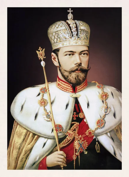 Porträtt Nikolaus Ryssland Sin Kröningsmantel Med Kejserlig Krona Och Spira — Stockfoto