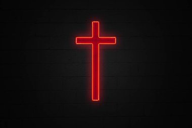 Siyah bir duvara bağlı kırmızı neon ışığı Hıristiyan haçı şeklinde..